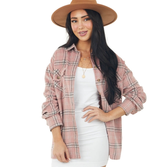 SHE + SKY Baby Pink Plaid Soft Fleece Lightweight Shacket - Picture 8 of 16